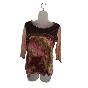 Edista Womens Boho Mixed Media Tie Dye Velvet Lace Trim 3/4 Sleeve Top Large